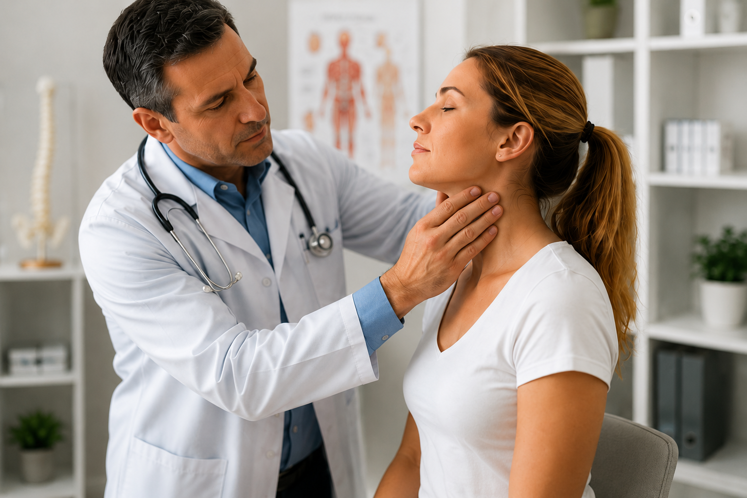 Doctor examining car accident patient neck injury Grand Rapids